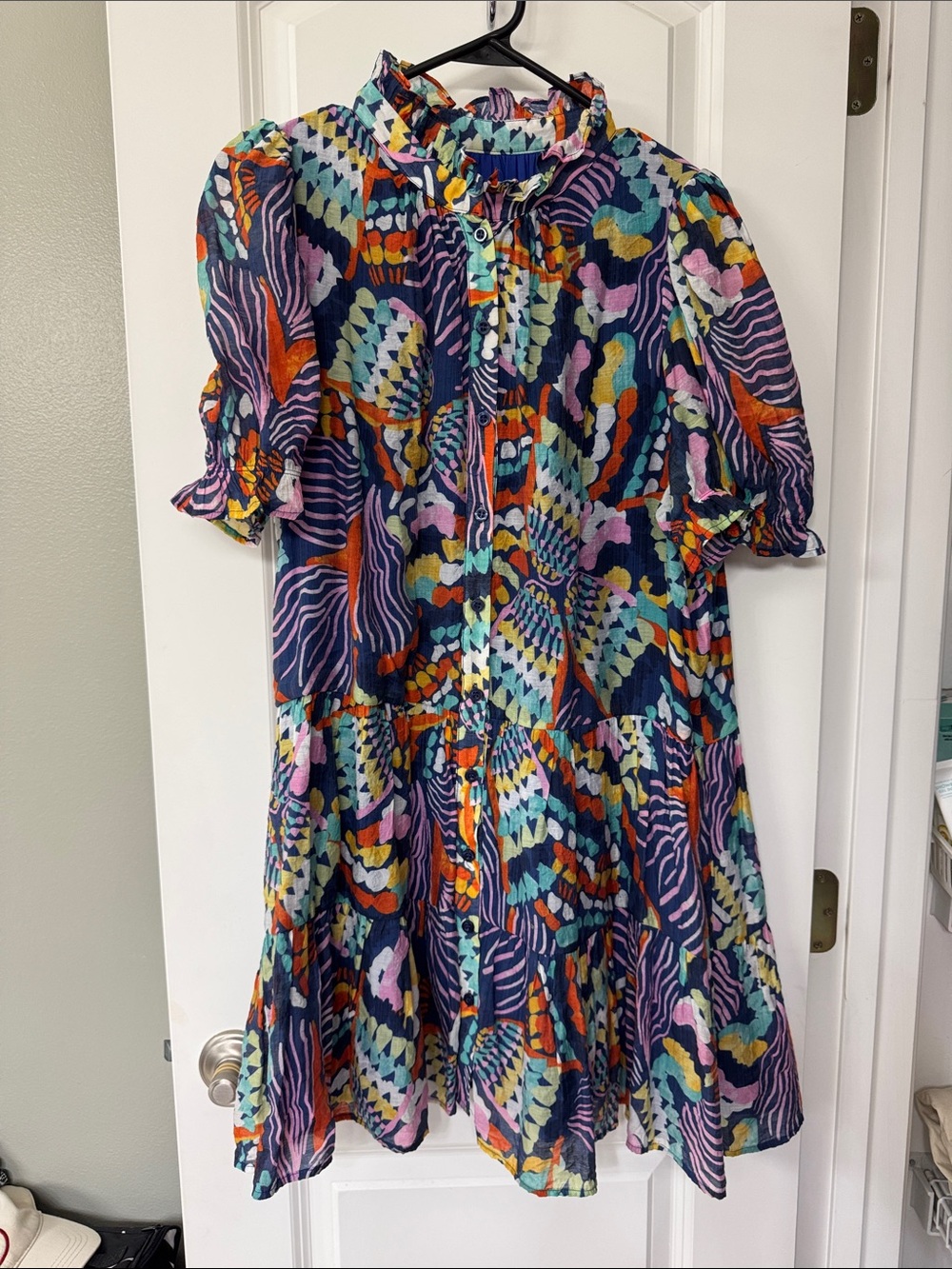 TCEC Multicolor Abstract Print Mini Dress with Ruffle Neck